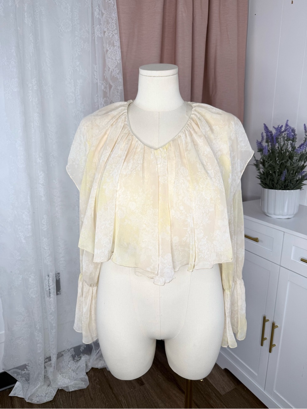 Saints and hearts Sheer Ivory-Butterfly Print Peasant Blouse - BIN#13